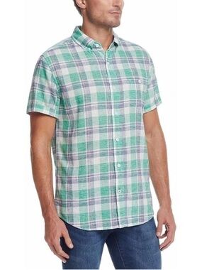 Weatherproof Linen Blend Green and White Plaid Short-Sleeve Button-Down Shirt XL